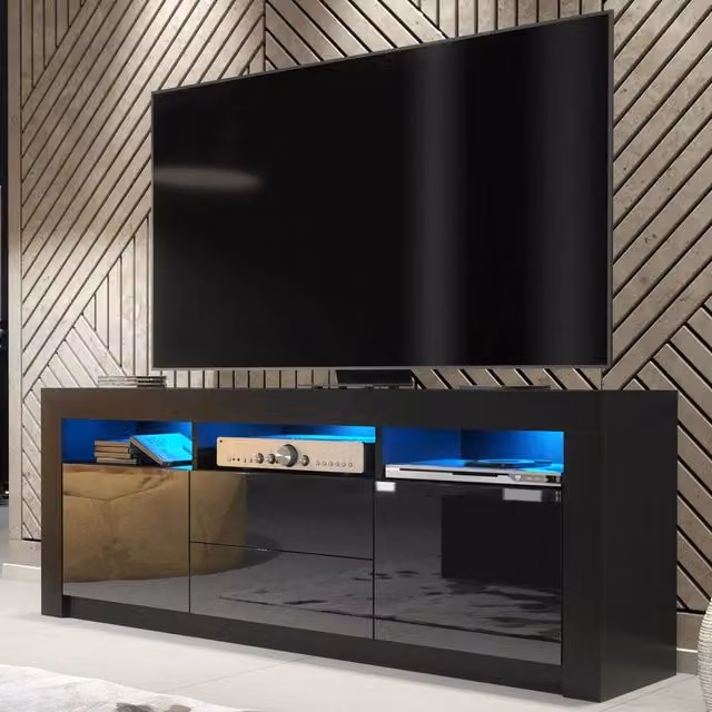FORGEVIO Modern Black TV Stand Cabinet with Matt Body and Gloss Doors – 1
