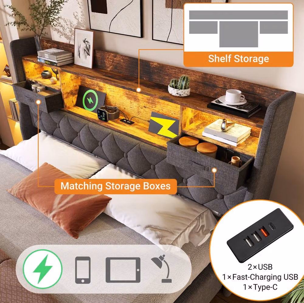 STILVORA Super King Upholstered Bed in Grey with LED Lighting, USB Charging Ports and Lift-Up Base, W/D/H: 180 x 200 cm – 5