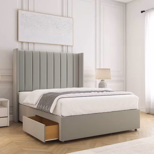 BSSPOKE Hannah Super King Divan Bed with 2 Drawers, Footend and 54 inch Headboard in Silver Velvet Fabric, W/D/H: 200 x 162.56 x 30.48 cm