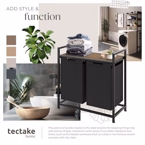 tectake Dual Laundry Basket with 2 x 46L Capacity, Water- and Smell-Resistant Fabric, Pull-Out Baskets with Steel Frame and Wooden Look Top Shelf, Black/Brown – 5