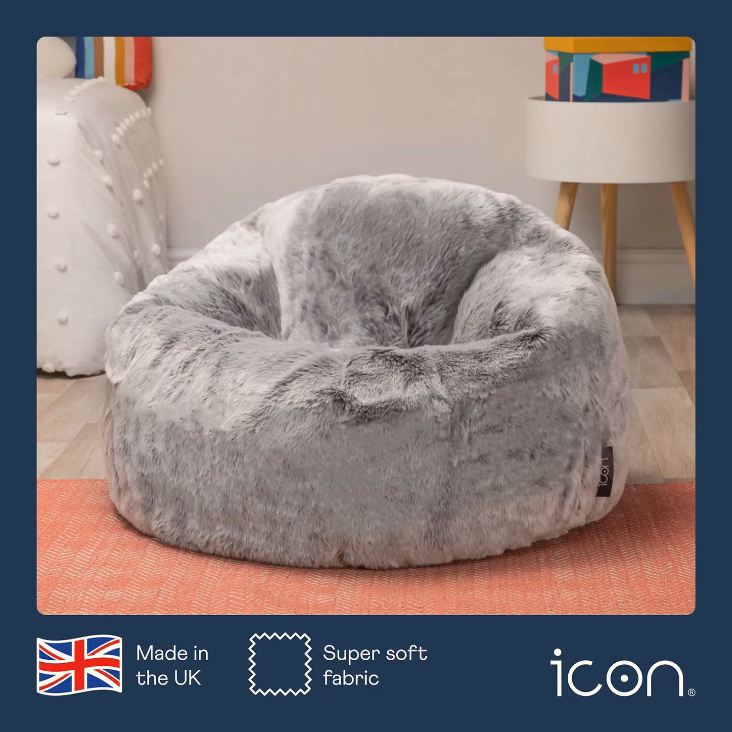 ICON Kingston Classic Faux Fur Kids Bean Bag Chair in Grey with Filling Included – 3