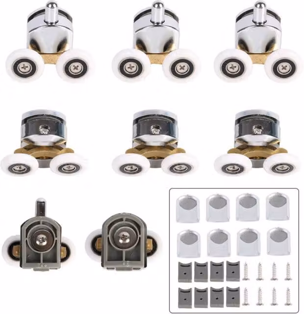 KDMD 8 Piece Replacement Set of 25mm Twin Sliding Shower Door Rollers in Silver and Chrome