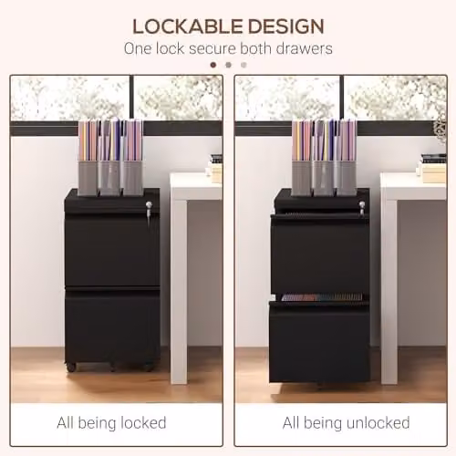 Vinsetto 2-Drawer Mobile Metal Filing Cabinet with Lock and Castors, Black – 4