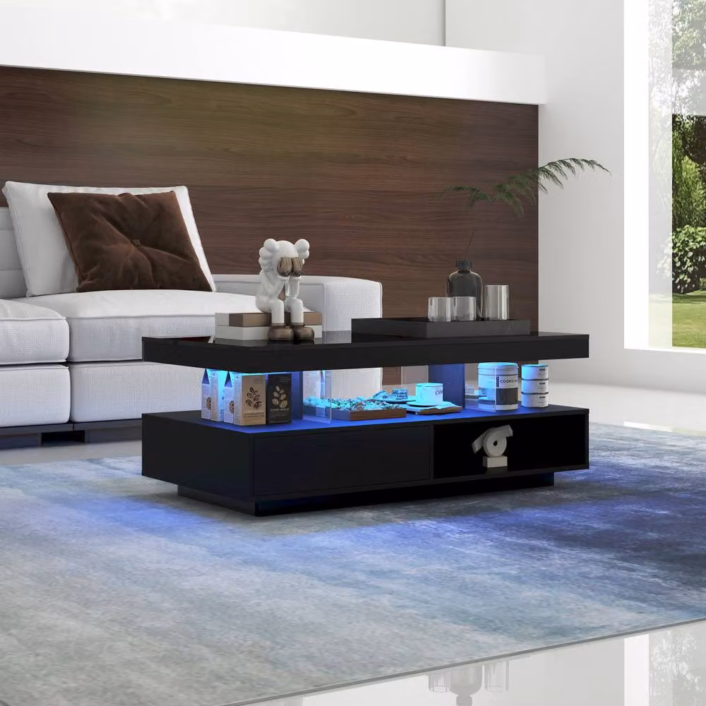 BTM Modern High Gloss LED Coffee Table with 2 Drawers in Black – 6