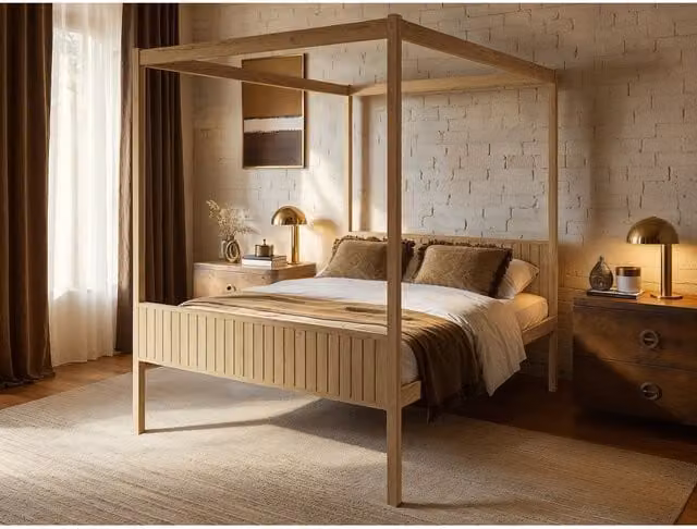 Flair Maddy Modern 4 Poster Canopy Bed in Brown Solid Pine Wood, W/D/H: 180 x 200 cm