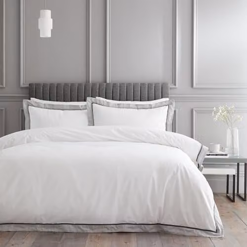 Bianca Mayfair 200 Thread Count Cotton Percale Single Duvet Cover Set with Pillowcase White/Silver/Grey, Duvet Cover: 135 x 200 cm, Pillowcase: 50 x 75 cm