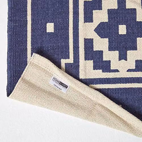 HOMESCAPES Halmstad Geometric Printed Hallway Runner, Blue and White, 100% Cotton, W: 66 cm, L: 200 cm – 5