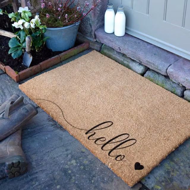 Artsy Mats Hello Heart Country Coir Doormat in Grey and Brown, W/D: 90 x 60 cm