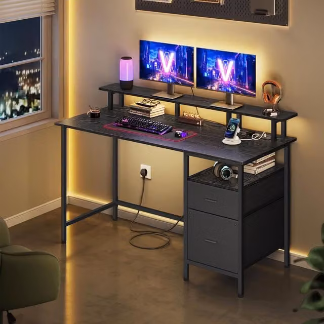 VASAGLE Wide LED Gaming Computer Desk with Monitor Stand, USB Ports and Fabric Drawers, Black