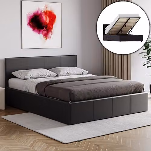 Vida Designs Lisbon King Ottoman Bed Frame in Black Faux Leather with Gas Lift Storage, H 87 x W 157 x D 210 cm – 1