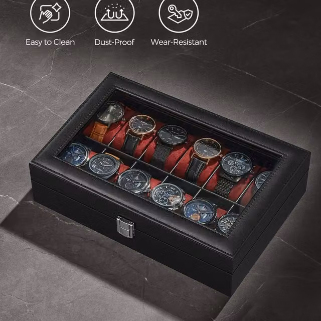 SONGMICS 12-Slot Watch Box Case with Glass Lid, Black, W/D/H: 30 x 7.5 x 7.5 cm