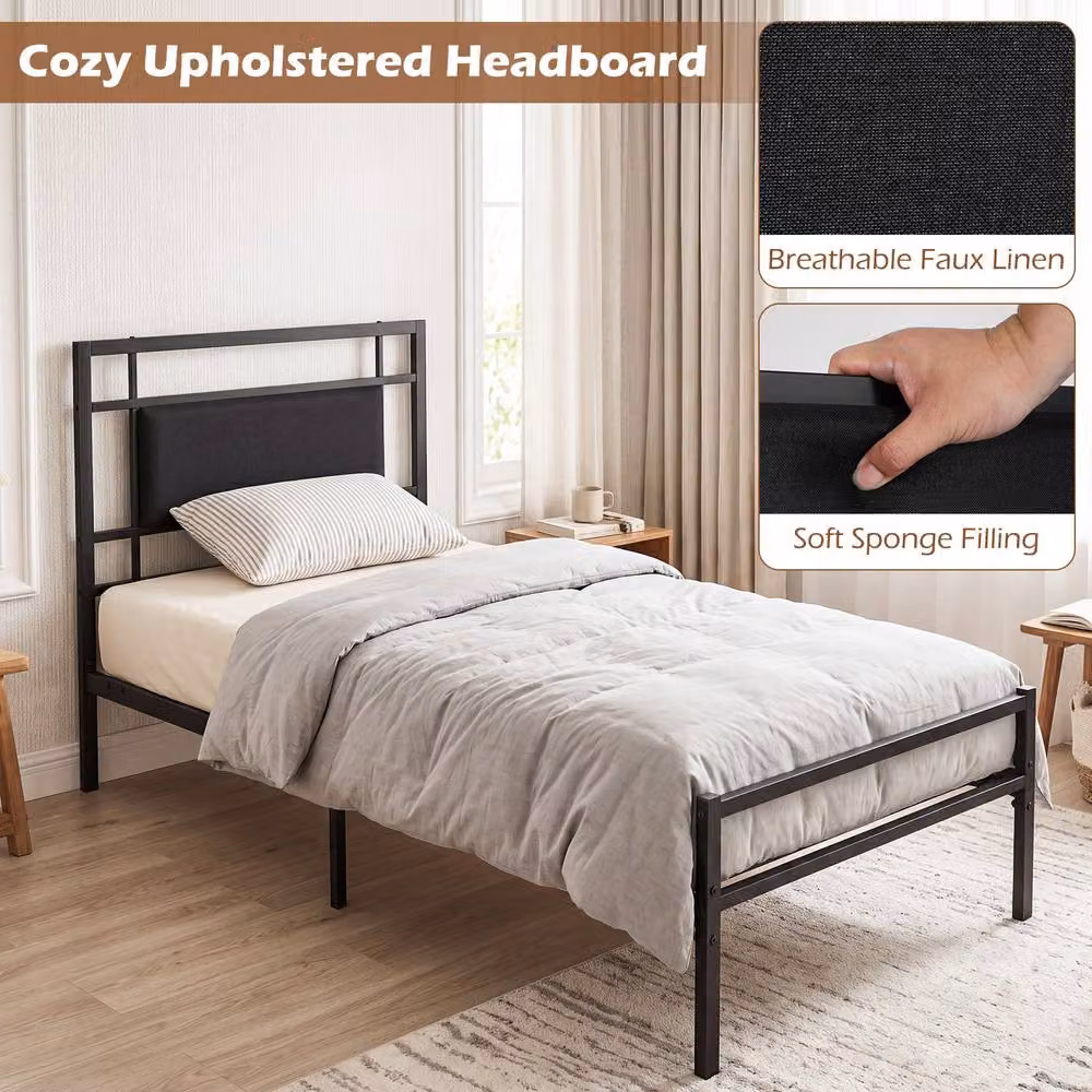Gymax Single Bed Frame with Upholstered Headboard and Metal Slats, Black, 90 x 200 cm – 4
