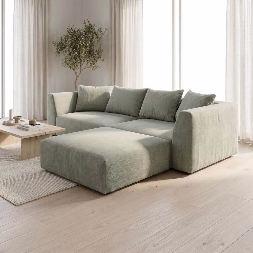 Abakus Direct Tokyo L-Shape Corner Sofa in Black and Green Basket Weave Fabric with Natural Bamboo Frame – 3