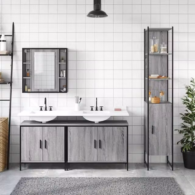 Berkfield Home Modern 4 Piece Grey Bathroom Cabinet Set with Mirror Cabinet, Vanity Unit and Tall Cabinet – 1
