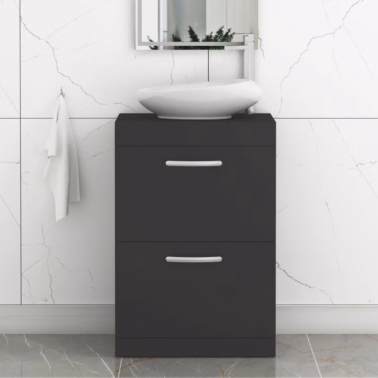 Royal Bathrooms Turin 500mm Floor Standing 2 Drawer Vanity Unit in Matt Black with Nova Countertop Basin and Brushed Brass Handle