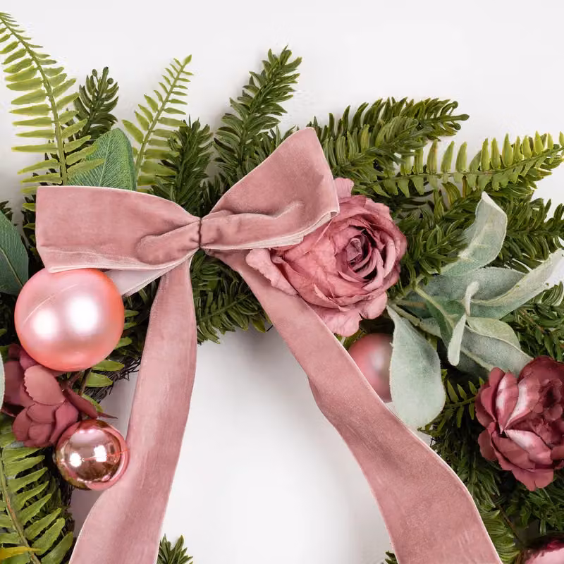 Scottish Everlastings Ltd Dusky Rose Floral Wreath with Pink Velvet Bow, Diameter: 50 cm – 3