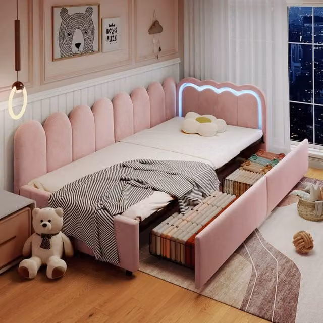 Merax Pink Velvet Single Daybed for Children with LED Lighting and 2 Storage Drawers, W/D/H: 90 x 190 cm – 1