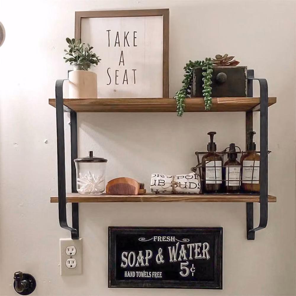 KORVIXA 2 Tier Brown Rustic Wood Floating Bathroom Storage Shelves – 3