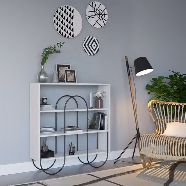 FWStyle Modern 4-Shelf Display Shelving Unit with Curved Metal Frame in Matt White