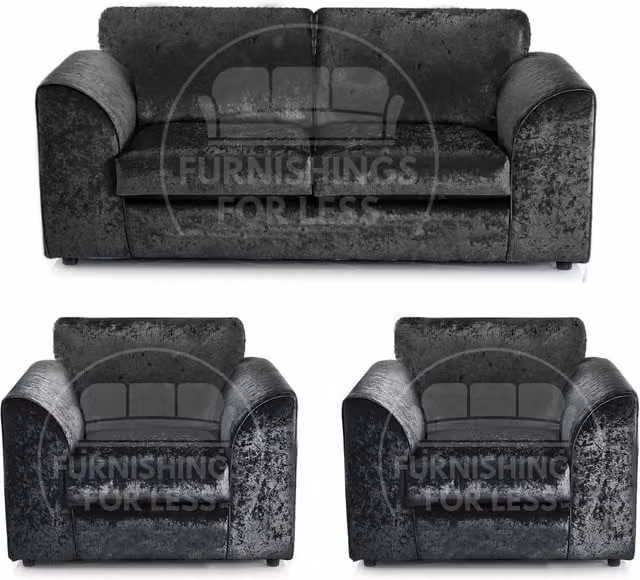 Furnishings For Less UK Crystal Crushed Velvet 3 Piece Sofa Suite in Black, including 3 Seater Sofa, 2 Seater Sofa and Armchair
