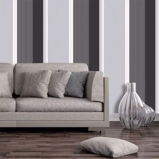 Crown Modern Abstract Striped Wallpaper in Grey, Black and Silver