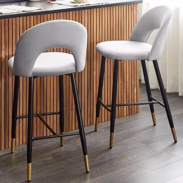 Wyld and Coco Velvetique Set of 2 Grey Velvet Bar Chairs with Black Steel and Gold Ends