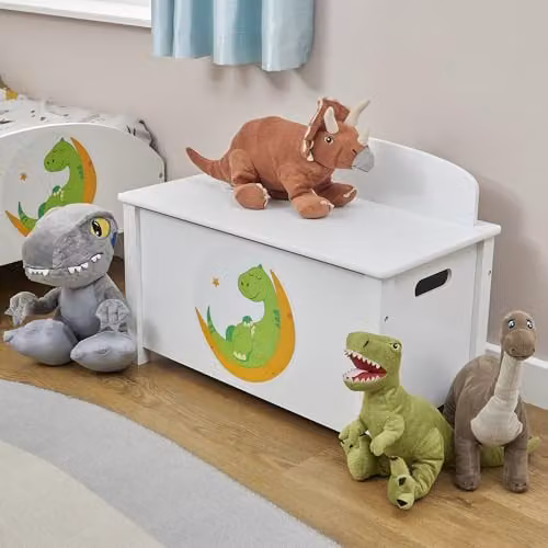 Liberty House Toys Kid's Wooden Dinosaur Toy Box, White, W/D/H: 68.0 x 47.5 x 37.5 cm