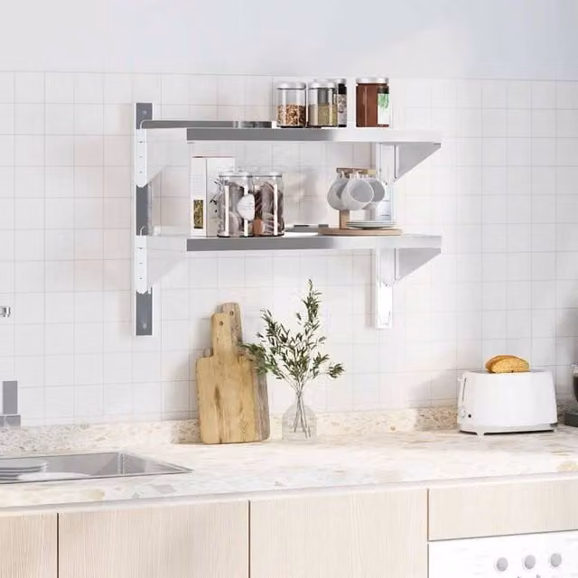 Berkfield Home 2-Tier Wall Mounted Metal Shelf in Silver, W/D/H: 75 x 30 x 60 cm