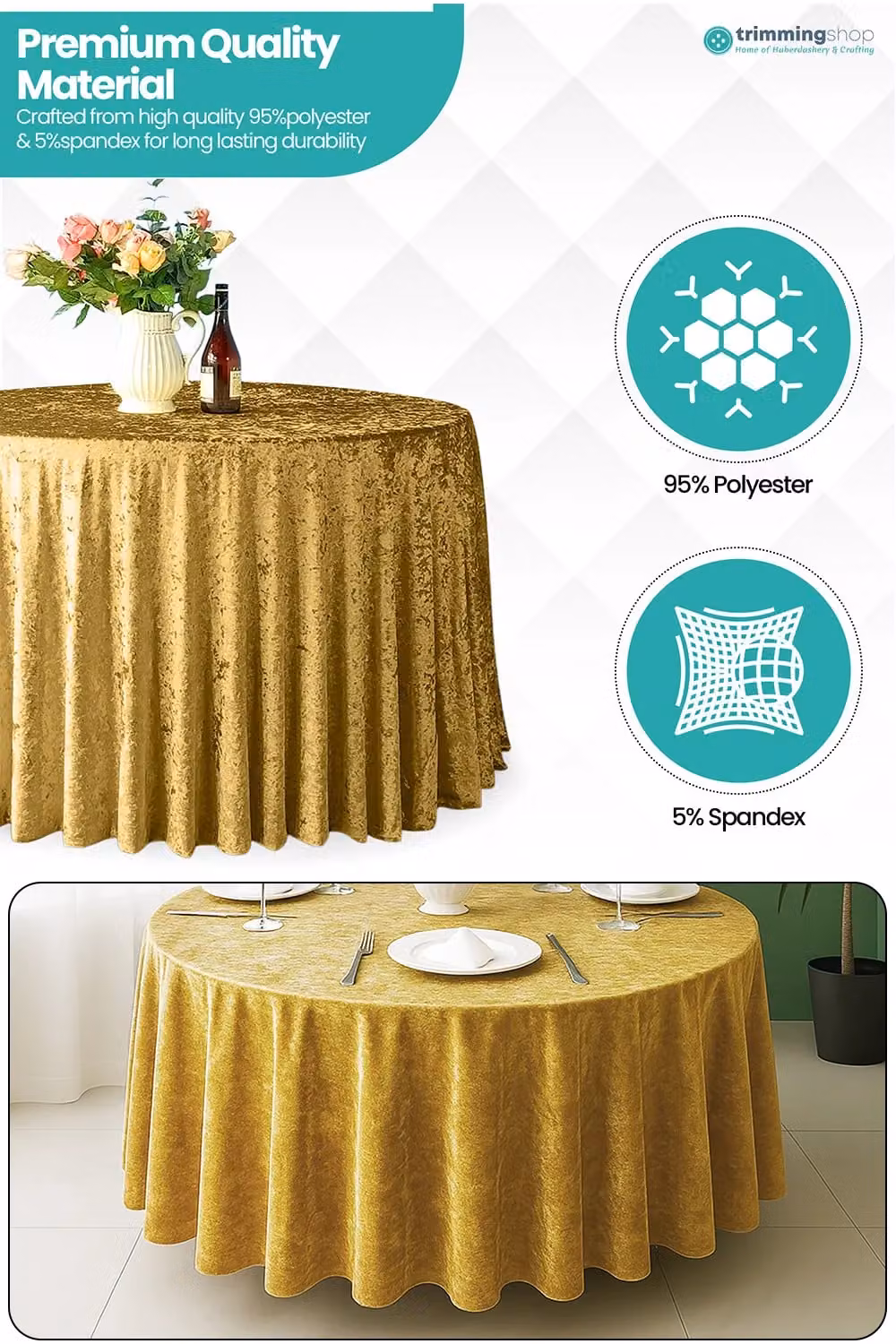 Neel Blue Diamond Velvet Round Tablecloth in Blue and Gold, Diameter: 228.6 cm – 3
