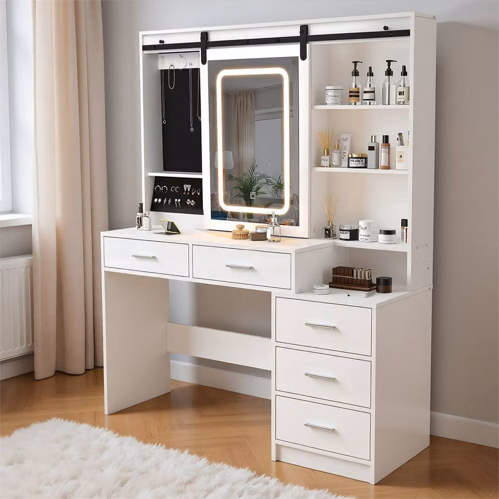 FLAVORA White Glossy Modern Dressing Table with Hollywood LED Light Mirror and Drawers, W: 120 cm, H: 150 cm – 4