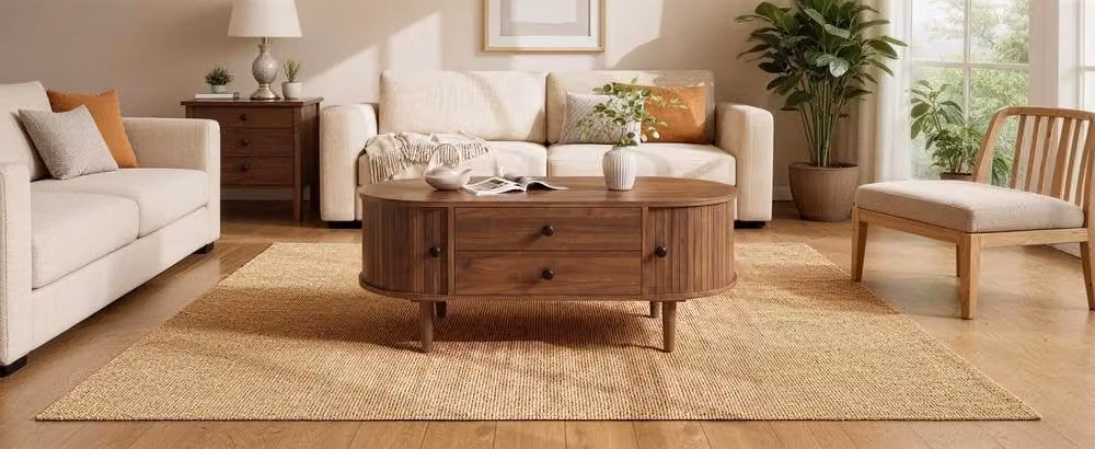 Merax Brown Oval Coffee Table with Slatted Sliding Doors and Drawers – 2