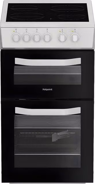 Hotpoint HTE5VCW White Freestanding Electric Cooker with Glass Ceramic Hob and 63L Capacity – 1