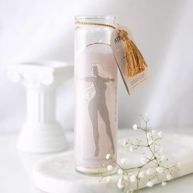 Uniqueful Athena Goddess Tube Candle with Clear Quartz Crystals in White and Transparent Glass, Height: 15 cm