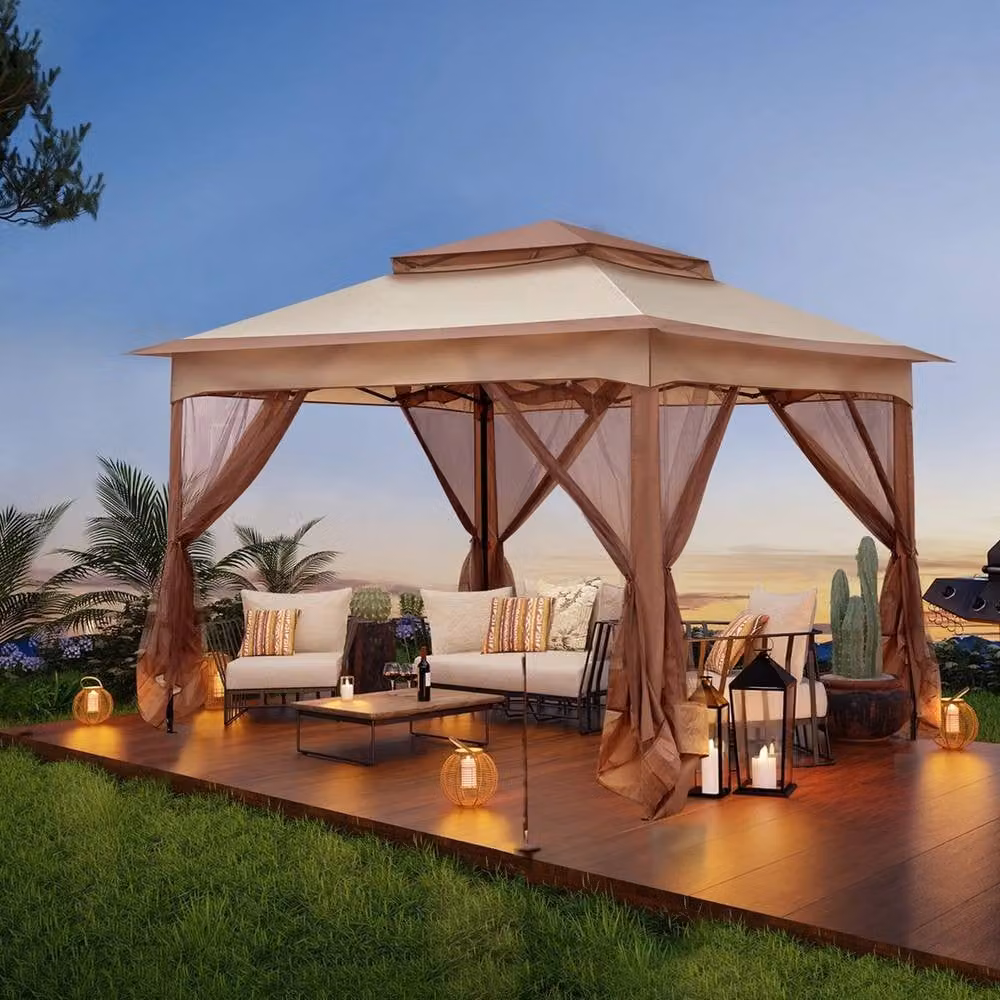 NESTLUNE Metal Garden Gazebo with 2-Tier Roof in Beige, W: 100 cm, D: 15 cm, H: 265 cm – 4
