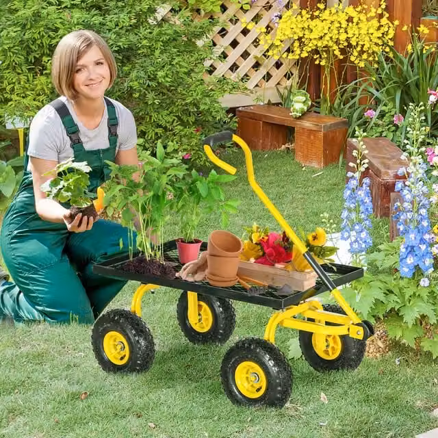 OUTSUNNY Trolley Cart with Pneumatic Rubber Wheels and Rotating Handle, Yellow – 1