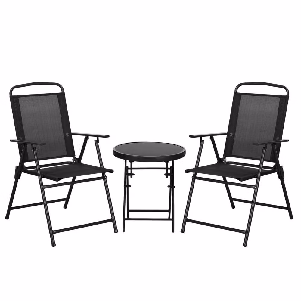 Wyld Haus Zivino 3 Piece Black Garden Seating Set with Round Glass Table and Foldable Mesh Chairs – 2