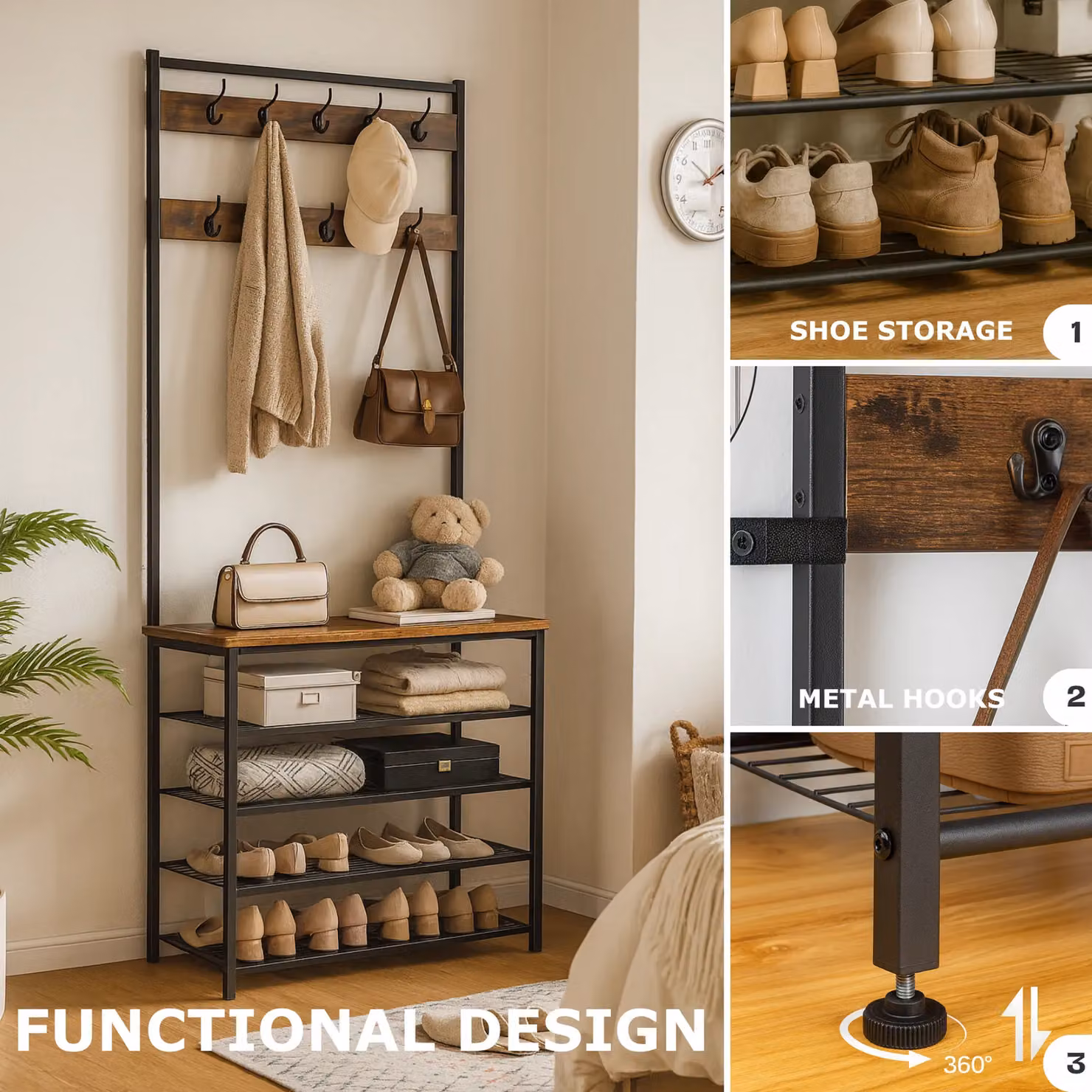 Storvo Industrial Hall Tree with 5 Tier Shoe Bench in Brown, H 190 x W 80 x D 32 cm – 3