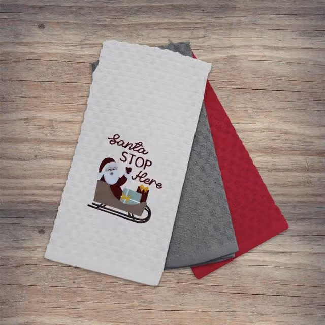 Noel Square Festive Santa Stop Super Absorbent Cotton Tea Towels, 3 Pack, White and Multicolour