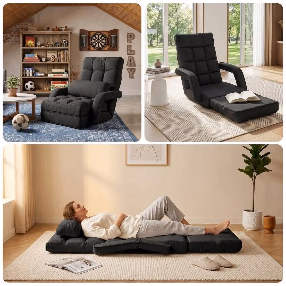 KORVIXA Black Adjustable Folding Lazy Sofa Bed with Armrests and Pillow, W/D/H: 100 x 100 x 100 cm – 4