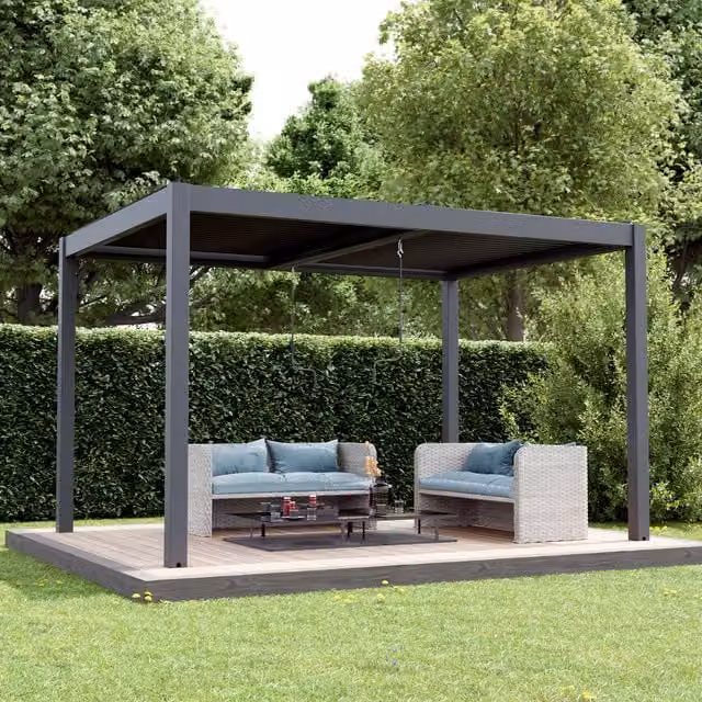 Agadon Aluminium Pergola Shading System in Anthracite Grey with Rain Gutter, W: 296.4 cm