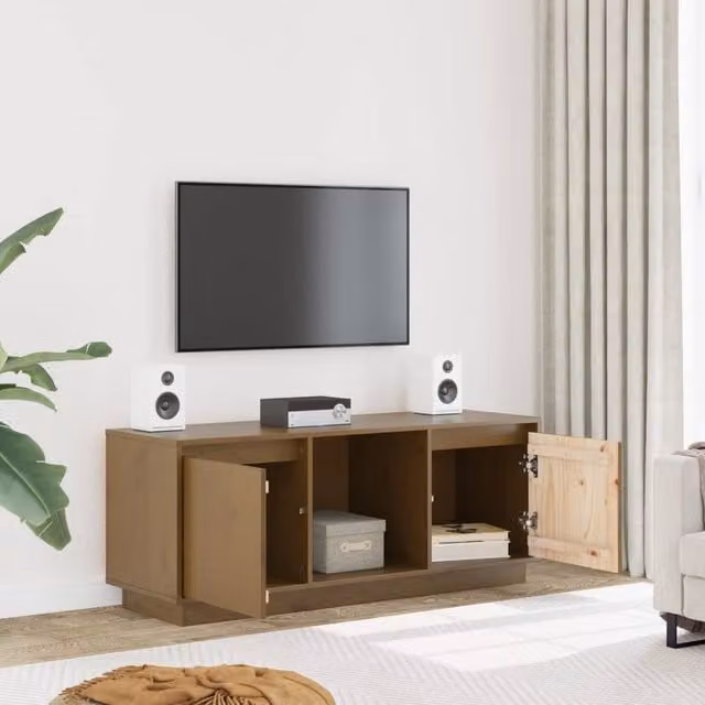 Berkfield Home TV Cabinet in Honey Brown Solid Pine Wood, W/D/H: 110.5 x 35 x 44 cm – 1