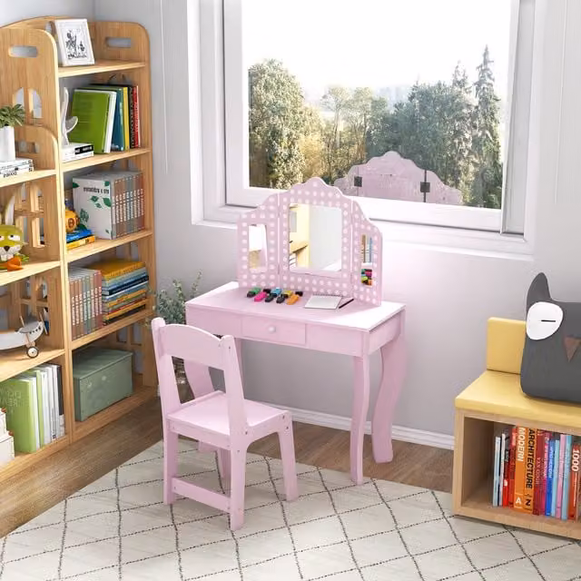 AIYAPLAY Kids Dressing Table Set with Tri-Fold Mirror in Pink