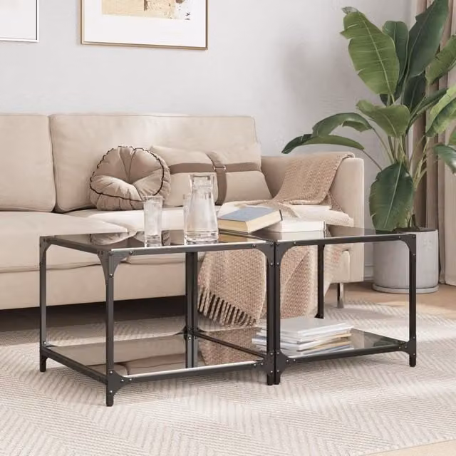 Berkfield Home Set of 2 Modern Square Coffee Tables with Black Glossy Glass Tops and Steel Legs, W/D/H: 50 x 50 x 40 cm – 1