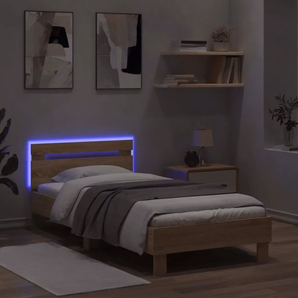 Berkfield Home Bed Frame with Headboard, LED Lights and USB Charging Port, Sonoma Oak, Brown, W: 90 cm, L: 200 cm – 2