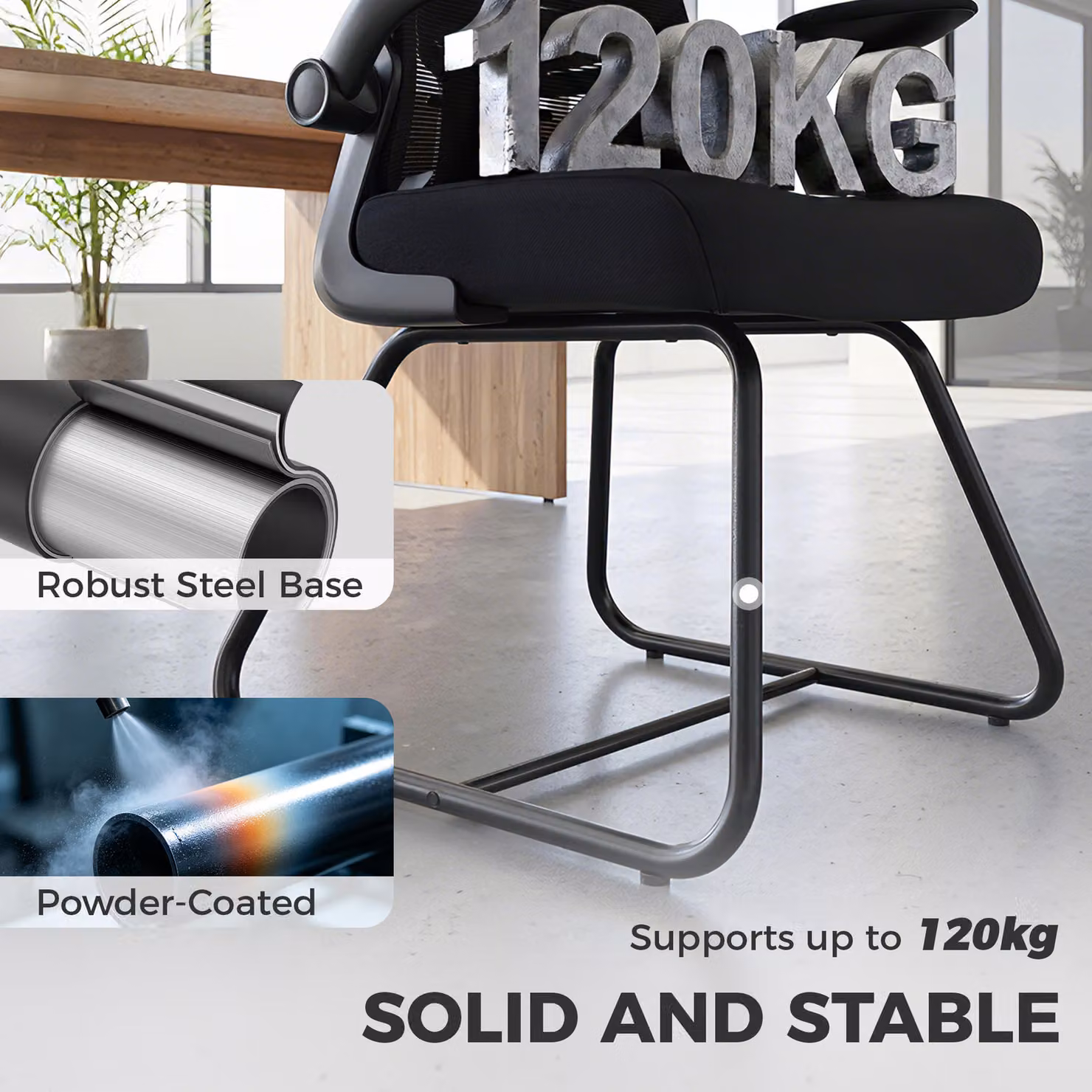 HOMCOM Black Fabric Reception Chair with Flip-up Armrests, Mesh Backrest, Lumbar Support and Metal Base – 6