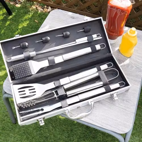 Treat Factory 10 Piece Stainless Steel BBQ Tool Set with Aluminium Carry Case in Silver and Multicolour – 4