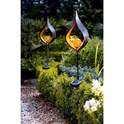 mysmartbuy Aura Flame Globe Stake Light, Solar Powered Metal LED Garden Sphere Light in Black or Gold/Brass, H 91 x W 16.8 x D 7.2 cm – 2