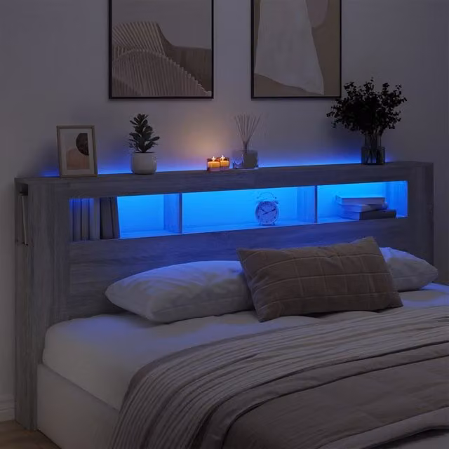 Berkfield Home Sonoma LED Headboard in Grey with Integrated Shelf and USB Charging Port, W/D/H: 220 x 18.5 x 103.5 cm – 1