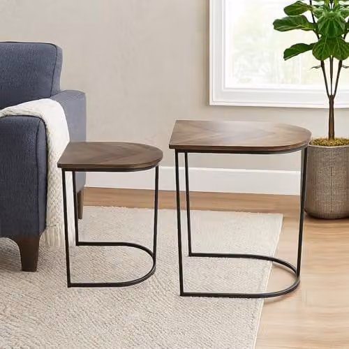 Gr8 Home Nest of 2 Modern Coffee and Side Tables with Black Metal Sled Base and Brown Chevron MDF Tops