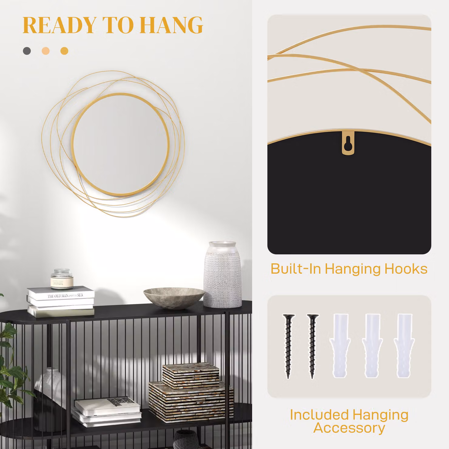 HOMCOM Abstract Metal Wire Round Wall Mirror in Gold Tone – 3